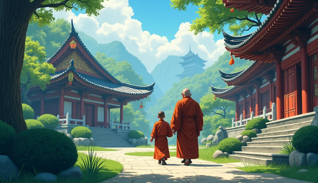 Young monk student walking with old fat master monk, temples, surrounded by beautiful trees, in anime style,