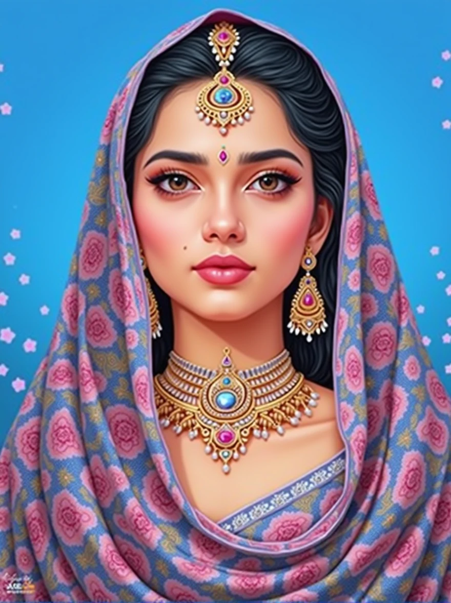 a highly detailed illustration of an Indian woman with beautiful eyes, intricate jewelry, and traditional Indian dress, standing in a vibrant garden with colorful flowers and trees, 8k, hyper realistic, award winning digital art, masterpiece, cinematic lighting, vivid colors, intricate details