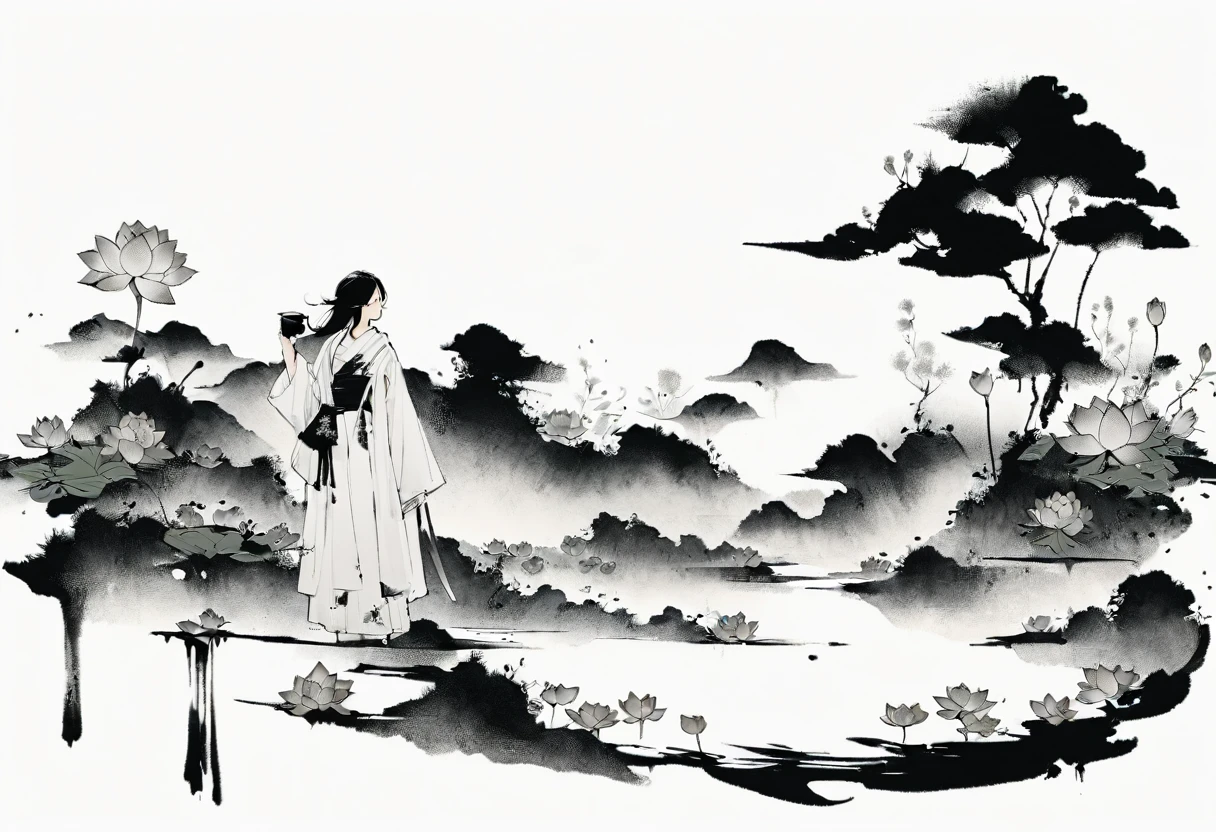 (Leave a lot of white:1.5)，white, White background, simple, Minimalism, abstract,Freehand，Aesthetic，Black and white，Ink Painting，antiquity，lotus，Girl drinking tea in the distance