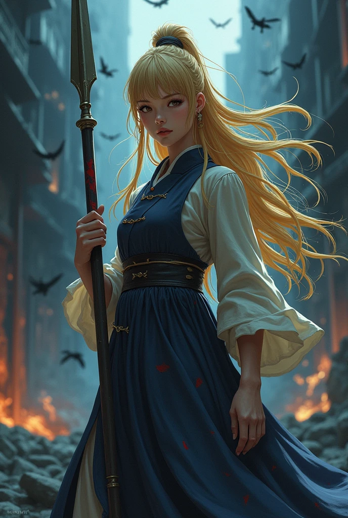 (anime:1.2), adult woman, wearing loose deep navy qipao dress, deep navy shirt with golden button, golden hair, medium tan skin, extremely long hair, hair with no bangs, visible forehead, white eyes, white eyes, relaxed pose, strong and stoic expression, holding a spear, image shot from her side, detailed face, blood splattered across her clothes, monsters in background, broken city in background, cold colors, night sky, dark background, lighting from the front