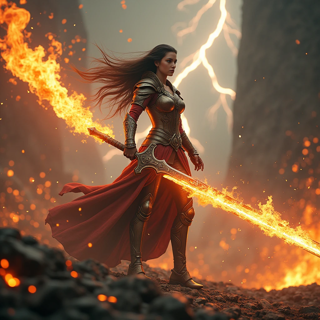 (Giant Weapon), 1girl, long_hair, lightning, fire, embers, flaming_sword, flaming_weapon, flame, sword, burning, holding, holding_sword, weapon, sparks, glowing_sword, holding_weapon, glowing_weapon, armor, explosion, molten_rock, pyrokinesis, mechanical elements, looking_at_viewer. Beautiful cinematic lighting, surreal, RAW photo, color graded, dynamic movement, captivating chiaroscuro, (special effects:0.1), full body, award-winning, cinematic still, emotional, vignette, dynamic, vivid, (masterpiece, best quality, photorealistic, Professional, perfect composition, very aesthetic, absurdres, ultra-detailed, intricate details:1.3)