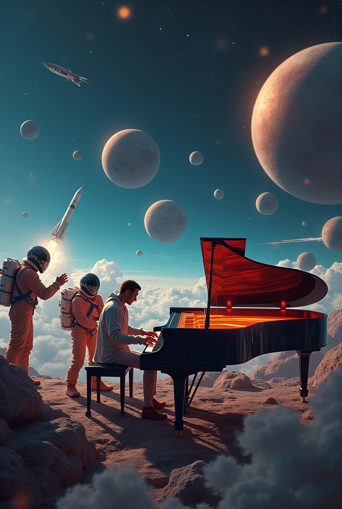 musicians, reage, Piano, astronauts, space, alien, rockets, asteroids