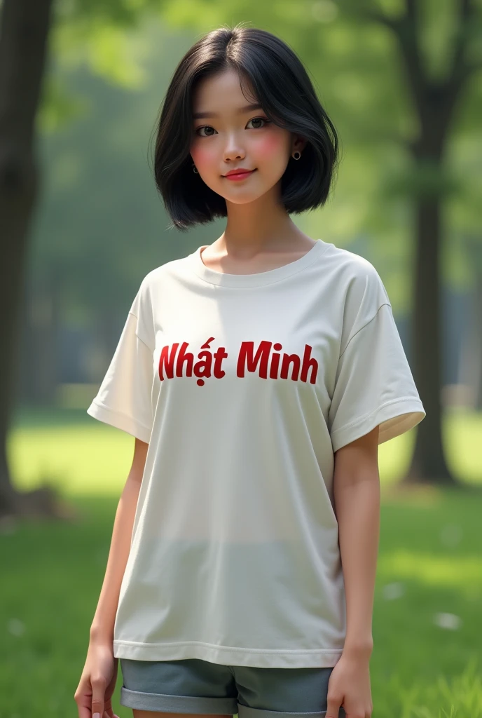 (photorealism:1.2), realistic women, Vietnamese, wearing T shirt with the word "Nhật Minh" on it, black Short Hair, wearing shorts, standing at park