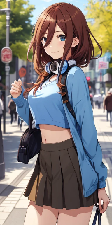 2d, masterpiece, best quality, anime, highly detailed, 1girl, solo, cowboy shot, nakano miku, brown hair, hair between eyes, blue cardigan, headphones, Crop top , skirt, miniskirt, medium breasts, standing, , outdoors, smile
