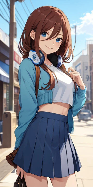 2d, masterpiece, best quality, anime, highly detailed, 1girl, solo, cowboy shot, nakano miku, brown hair, hair between eyes, blue cardigan, headphones, Crop top , skirt, miniskirt, medium breasts, standing, , outdoors, smile