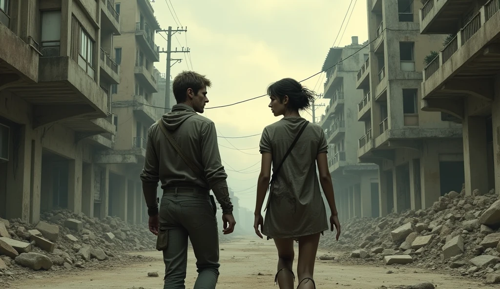 Two strangers passing each other on an empty street in a post-apocalyptic world