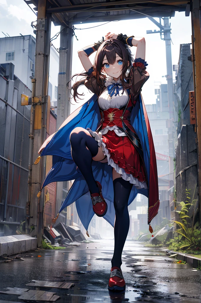 (full body),masterpiece, Highest quality, High resolution, Da Vinci, ponytail, Hair Ribbon, Parted bangs, Small breasts, Blue Ribbon, Single gauntlet, Cape, Red Skirt, Puff short sleeves, Blue gloves, Blue Pantyhose, Cowboy Shot, Are standing, Outdoor, smile,  ((Squat,Spread your legs, Put your arms behind your head)),(Highest quality、4K、8k、High resolution、Must have:1.2)、Very detailed、(reality、reality的なです、reality的な:1.37)、Ticker、Hyper HD、Studio Lighting、Ultra High Definition Paint、Sharp focus、Physically Based Rendering、Extreme Detail、Professional specifications、Vibrancy and color、Blurred、Sports portrait、landscape、Horror Style、Anime Big Tits、sf、photograph、Concept Artist、Five Fingers, Perfect body, {{{masterpiece}}}, {{{Highest quality}}}, {{Very detailed}}, {shape}, {{Very delicate and beautiful}},Improved cost performance、All Roles、Canon 5D MK4でphotograph、photograph,