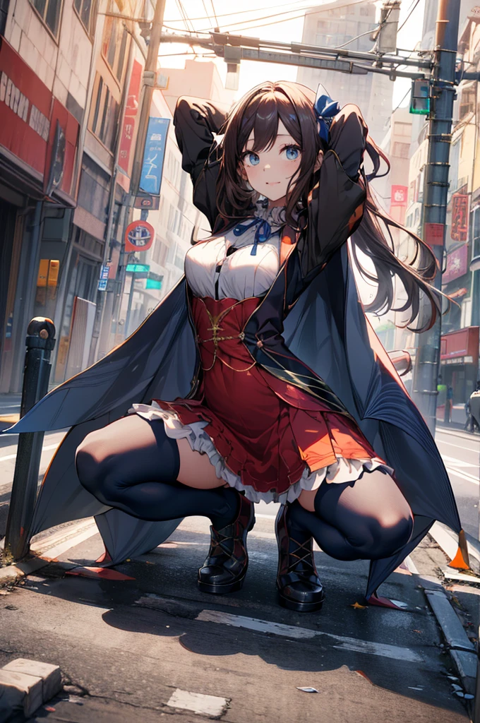 (full body),masterpiece, Highest quality, High resolution, Da Vinci, ponytail, Hair Ribbon, Parted bangs, Small breasts, Blue Ribbon, Single gauntlet, Cape, Red Skirt, Puff short sleeves, Blue gloves, Blue Pantyhose, Cowboy Shot, Are standing, Outdoor, smile,  ((Squat,Spread your legs, Put your arms behind your head)),(Highest quality、4K、8k、High resolution、Must have:1.2)、Very detailed、(reality、reality的なです、reality的な:1.37)、Ticker、Hyper HD、Studio Lighting、Ultra High Definition Paint、Sharp focus、Physically Based Rendering、Extreme Detail、Professional specifications、Vibrancy and color、Blurred、Sports portrait、landscape、Horror Style、Anime Big Tits、sf、photograph、Concept Artist、Five Fingers, Perfect body, {{{masterpiece}}}, {{{Highest quality}}}, {{Very detailed}}, {shape}, {{Very delicate and beautiful}},Improved cost performance、All Roles、Canon 5D MK4でphotograph、photograph,