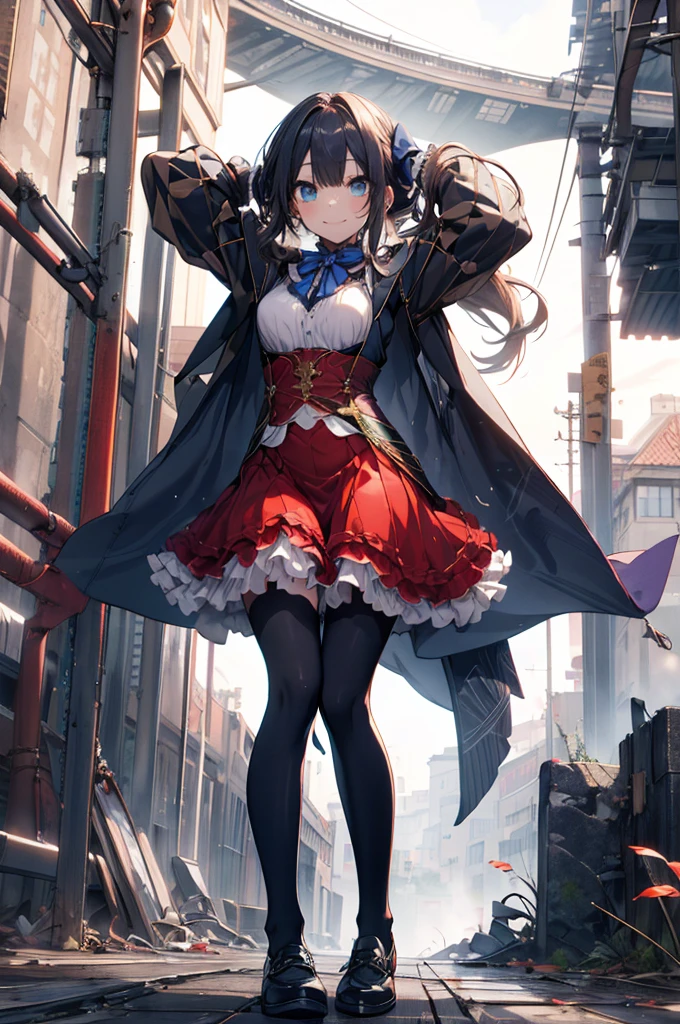 (full body),masterpiece, Highest quality, High resolution, Da Vinci, ponytail, Hair Ribbon, Parted bangs, Small breasts, Blue Ribbon, Single gauntlet, Cape, Red Skirt, Puff short sleeves, Blue gloves, Blue Pantyhose, Cowboy Shot, Are standing, Outdoor, smile,  ((Squat,Spread your legs, Put your arms behind your head)),(Highest quality、4K、8k、High resolution、Must have:1.2)、Very detailed、(reality、reality的なです、reality的な:1.37)、Ticker、Hyper HD、Studio Lighting、Ultra High Definition Paint、Sharp focus、Physically Based Rendering、Extreme Detail、Professional specifications、Vibrancy and color、Blurred、Sports portrait、landscape、Horror Style、Anime Big Tits、sf、photograph、Concept Artist、Five Fingers, Perfect body, {{{masterpiece}}}, {{{Highest quality}}}, {{Very detailed}}, {shape}, {{Very delicate and beautiful}},Improved cost performance、All Roles、Canon 5D MK4でphotograph、photograph,