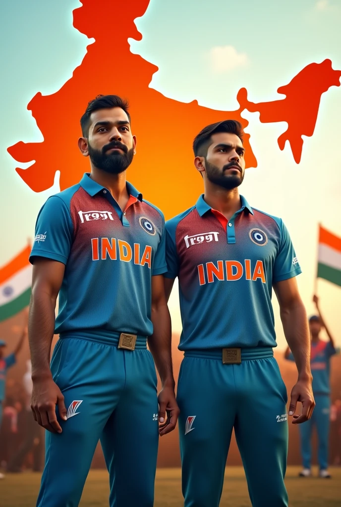 Indian cricketer virat kohli, rohit sharma with indian flag . they wear indian Jersey and name INDIA on it.
Indian map in lighter form in orange color in the background. In the background, 6-7 people are also standing holding the Indian flag. The background is a bit blurry. All the characters are Indians.