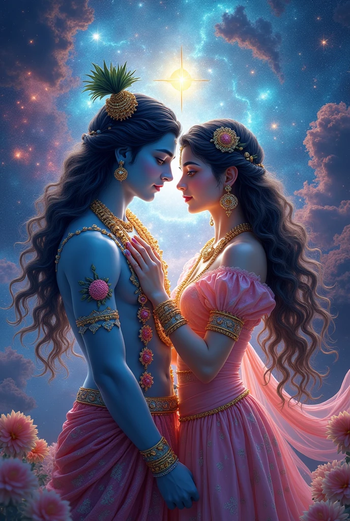 generate a high quality photo for x.com profile header , photo of radha krishna , & it should be looks like very amazing like galaxy , stars , flowers & colourful , image should be 1500 px by 500 px