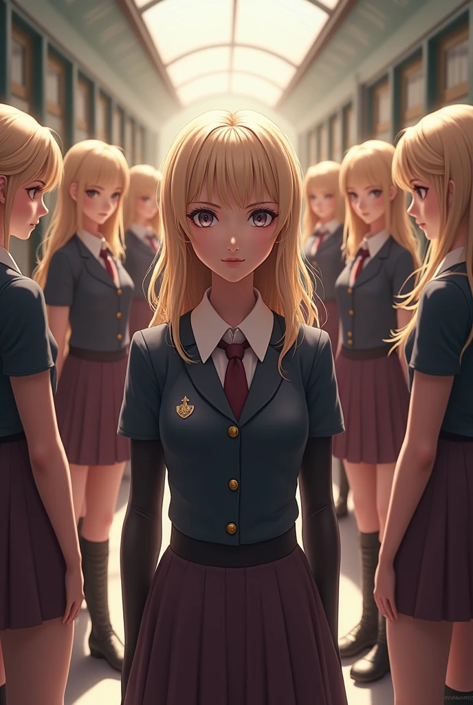 10 beautiful blonde girls in school uniform with shirt tie and kilt, latex long gloves and leather long boots