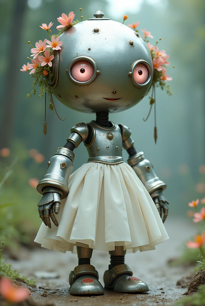 Mechanical object inspired by the Marguerite, with a round metal head in the shape of a circle with metal petals disappointed on its Marguerite-shaped metal head, magnificent arms on it, a round metal-shaped body with a white dress that hides half its legs with disappointed marguerites, light pink eyes, metal pointed feet with disappointed marguerite symbols, and a mouth.