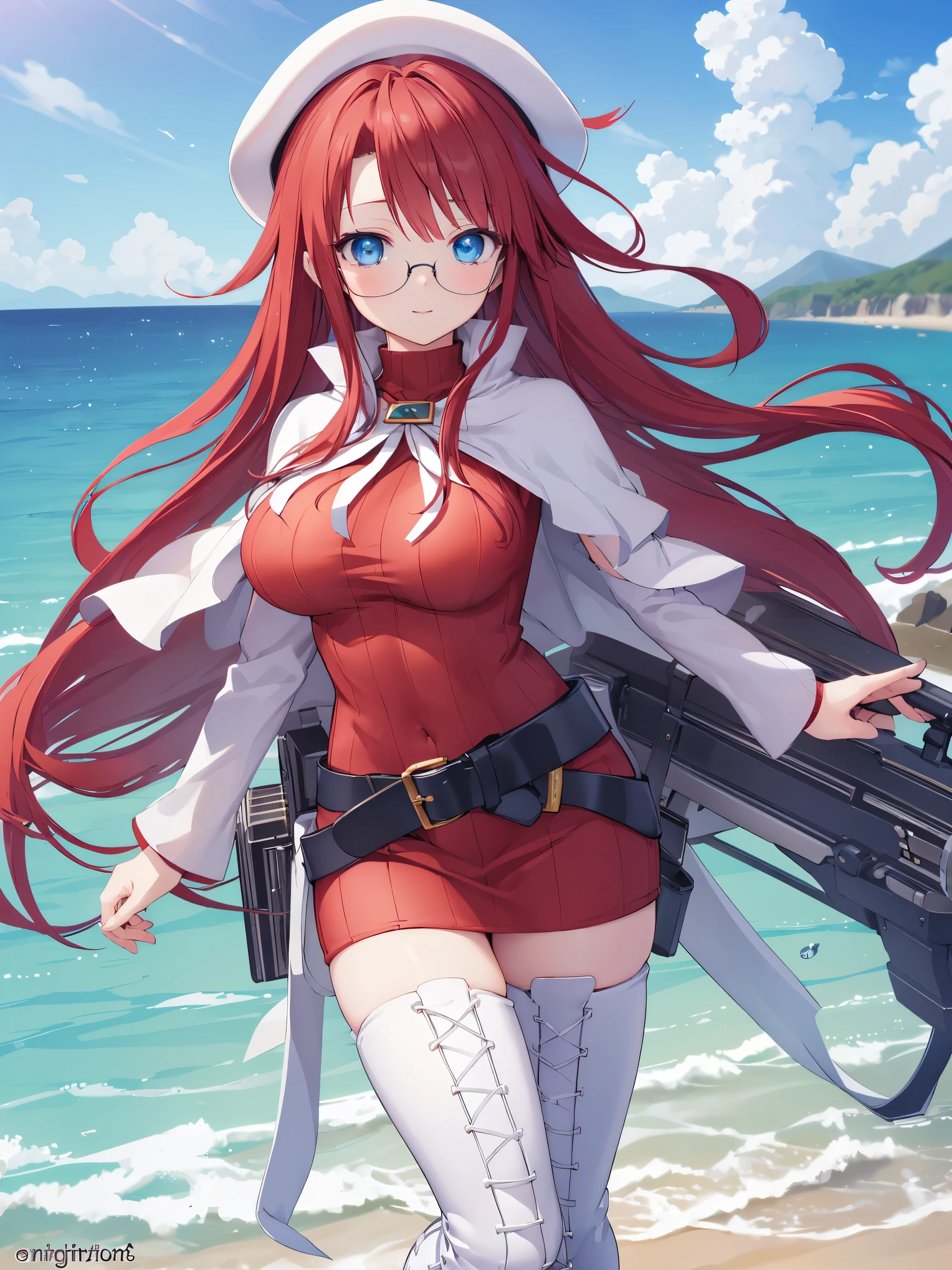 summonnightaty, aty, (young:1.3),long hair, blue eyes, red hair, big_tits, hat, glasses,
BREAK long hair, thighhighs, hat, dress, naked_legs, glasses, belt, cape, sweater, zettai ryouiki, beret, thigh boots, white footwear, ribbed sweater, loose belt,solo,
BREAK outdoors, fantasy,on_beach,
,Highquality_hads,perfect_fingers,
BREAK (masterpiece:1.2), best quality, high resolution, unity 8k wallpaper, (illustration:0.8), (beautiful detailed eyes:1.6), extremely detailed face, perfect lighting, extremely detailed CG, (perfect hands, perfect anatomy),covered_nipples,covered_navel ,half_eyes,long_sword,sleepy_eyes,red_sweater,apart_knees,magical_effect,spread_legs, have_a_book,teacher,rise_knee,Smile,rise_hand,look_down_viewer,spread_arms,sea_waves,looking_into,blue_sky,plump,open_mouth, dynamic_posing,solo
