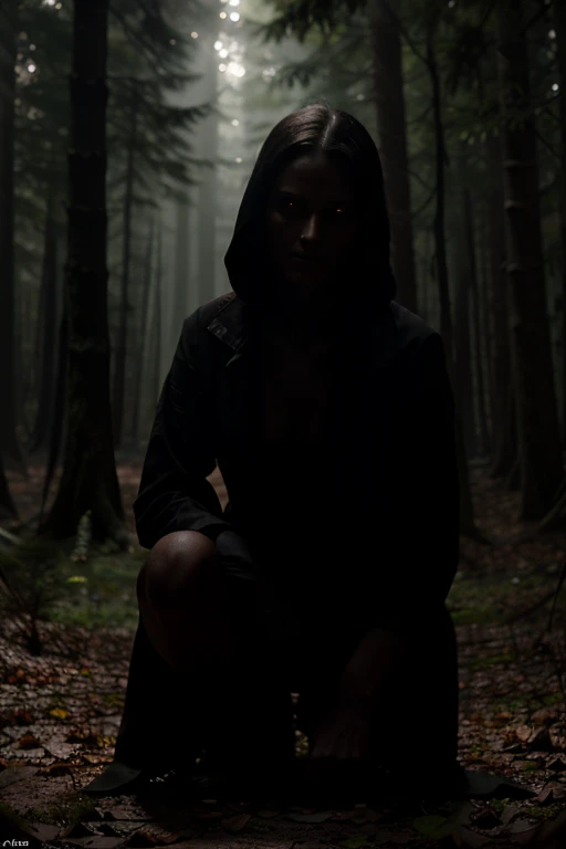 A shadowy figure, thin and gaunt, crouched in the darkness of the forest, turned to look with eyes that gleamed brighter and redder than those of any human or nocturnal creature.