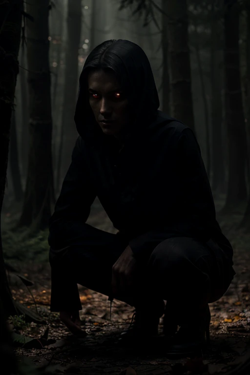 A shadowy figure, thin and gaunt, crouched in the darkness of the forest, turned to look with eyes that gleamed brighter and redder than those of any human or nocturnal creature.
