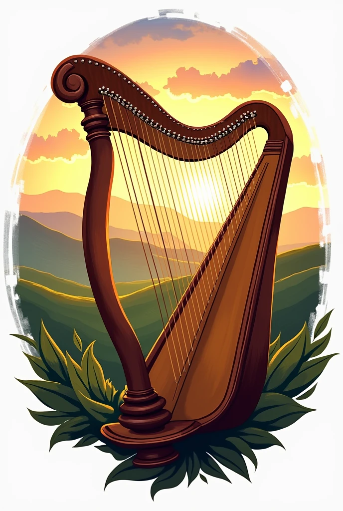 generate a logo with a llanera harp in the background and a landscape behind a Venezuelan plain and letters that say "Criolla Generation"