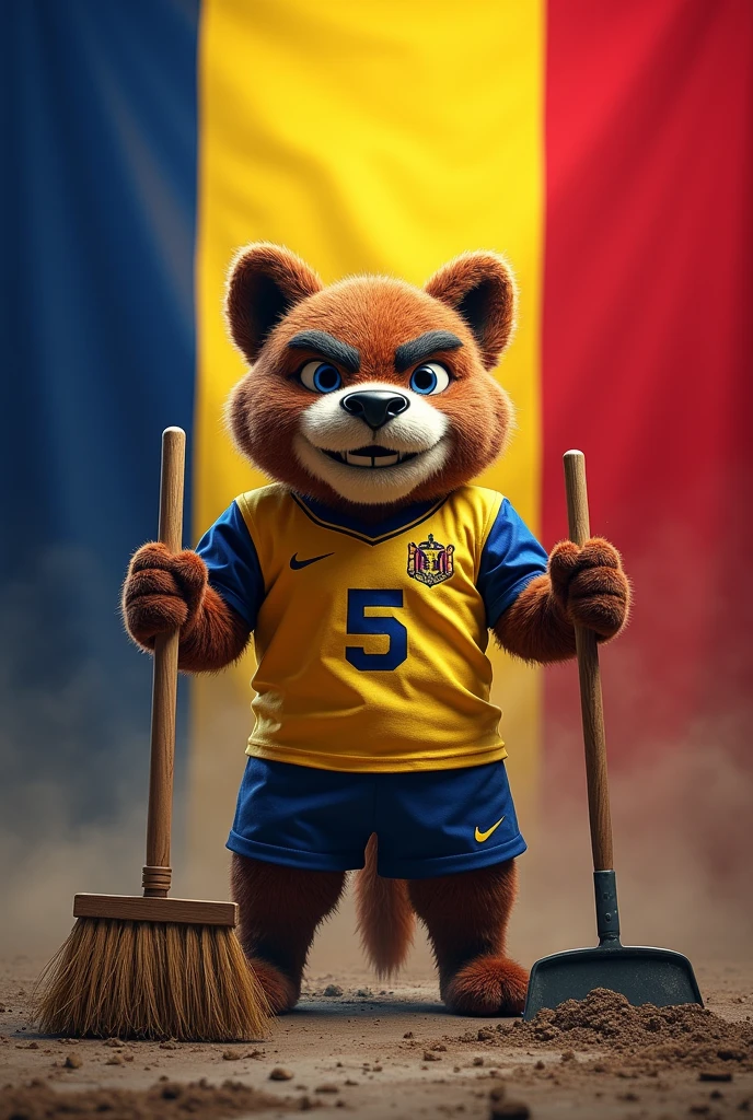 I would like an image of the Romanian flag with the mascot of the Romanian national team symbolizing a war against dirt, and the number 5 written on the mascot's shirt./S adding a broom and dustpan in each hand