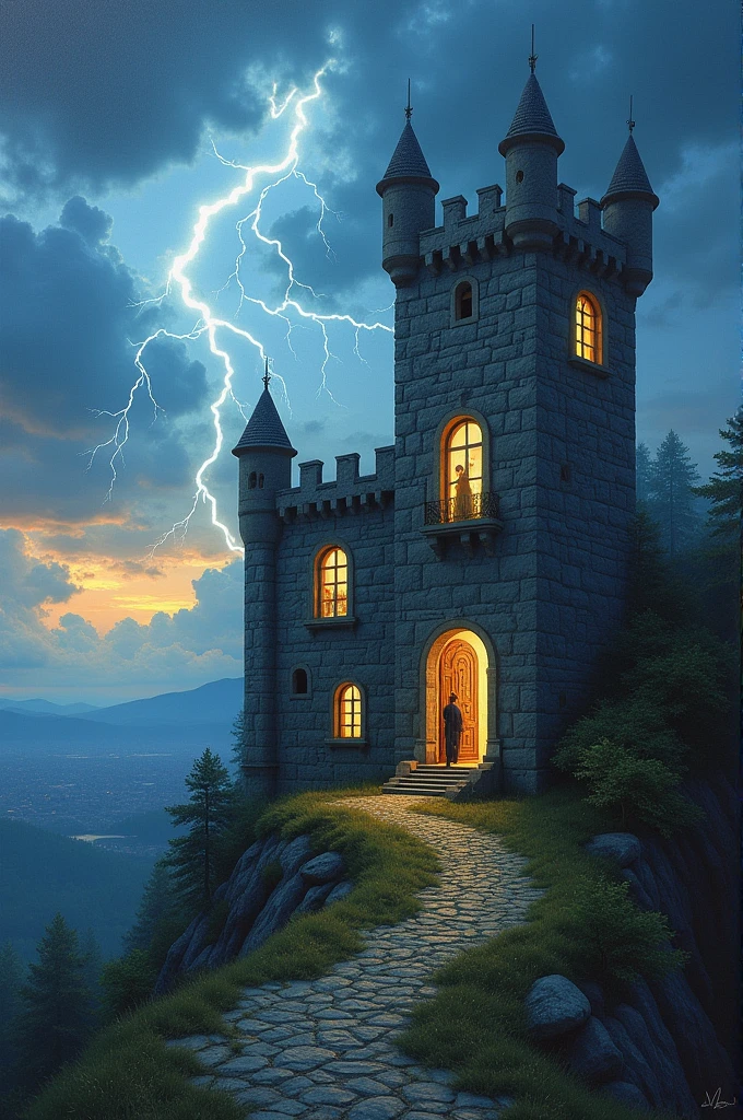 ((best quality)), ((masterpiece)), (detailed), perfect faceElements; clouds, lightning, castillo, hill, door, 4 windows, person located in the upper right window