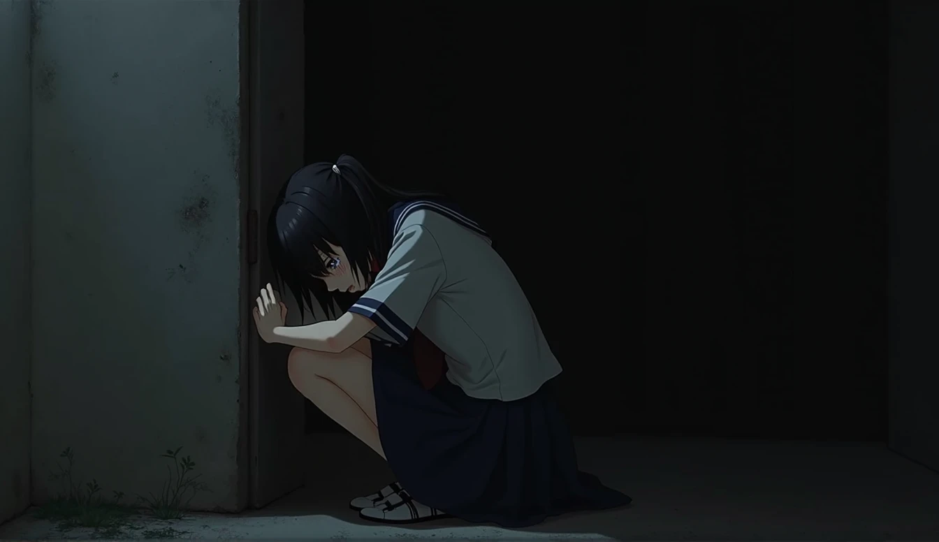 A melancholy Japanese anime schoolgirl sits, tears streaming down her face as she hugs herself, slumped against a black wall. Her traditional schoolgirl uniform is in disarray, hinting at a recent emotional upheaval. The stark contrast between her delicate features and the squalid surroundings adds depth to the poignant narrative woven into this evocative masterpiece.  