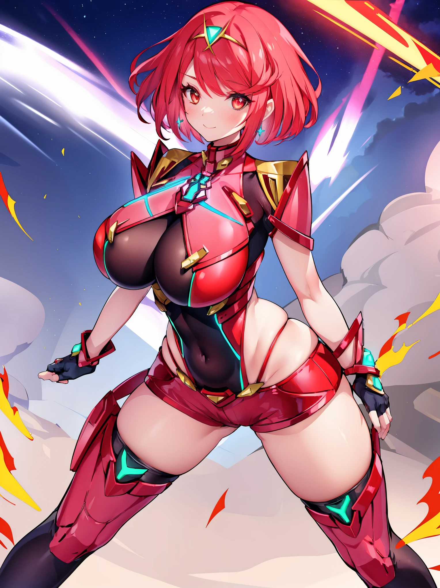 pyra \(xenoblade\), young__1girl, armor, bangs, black gloves, breasts, red eyes, closed mouth, earrings, eyelashes, fingerless gloves, floating hair, framed breasts, gem, gloves, hair ornament, headpiece, jewelry, big_breasts, leaning back, leotard, neon trim, official art, pose, red hair, red shorts, saitou masatsugu, short hair, short shorts, short sleeves, shorts, sidelocks, skin tight, solo, standing, swept bangs, thighhighs, tiara, night_prairie_background, turtleneck, underbust, vambraces, xenoblade chronicles \(series\), (xenoblade chronicles 2), apart_legs, fire_effect,dynamic_pose_fighting,light_smile, (plump:1.1), big_ass,huge_sword, hold_large_sword_hilt, solo, covered_nipples, covered_pussy,