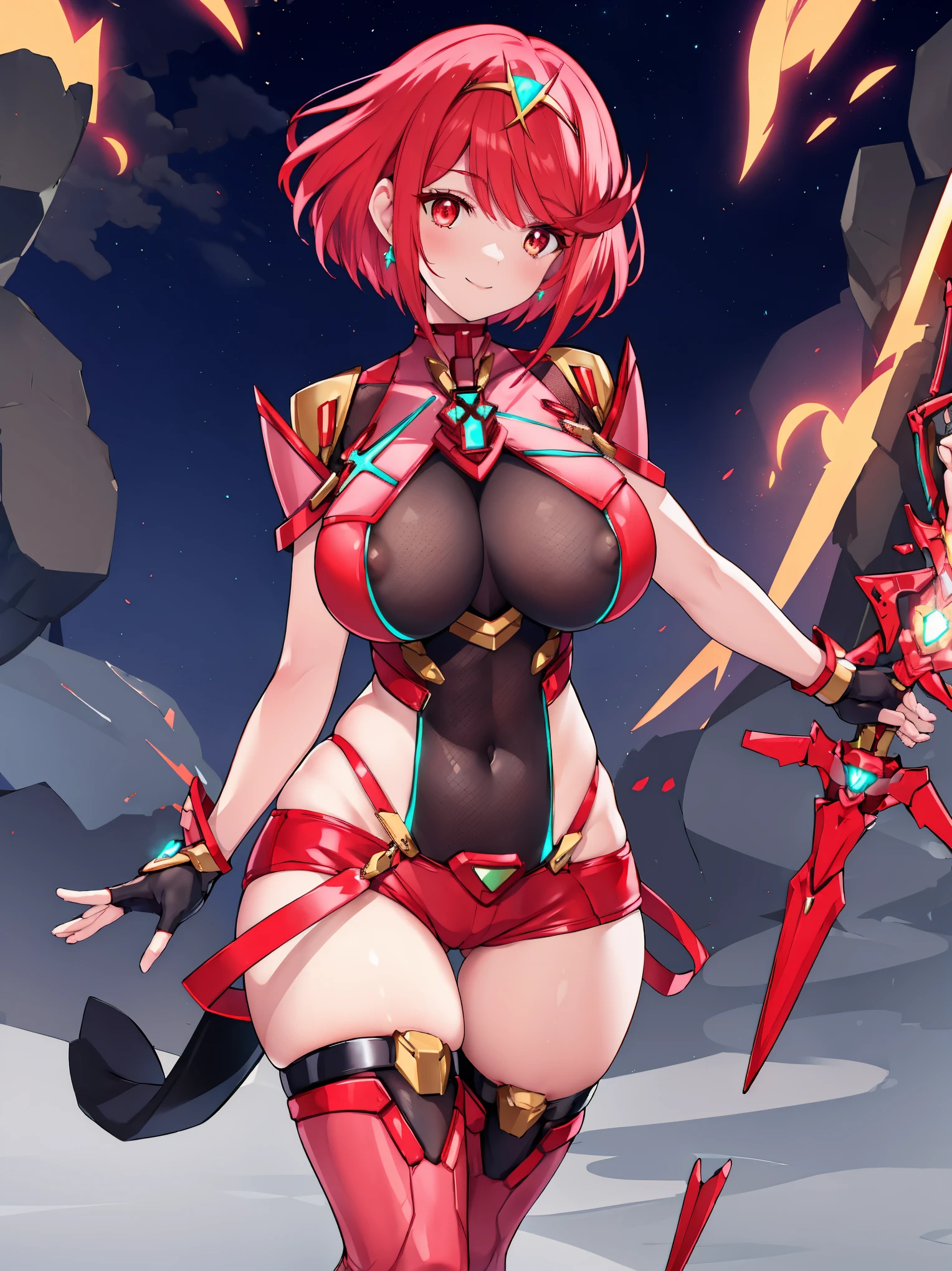 pyra \(xenoblade\), young__1girl, armor, bangs, black gloves, bread eyes, closed mouth, earrings, eyelashes, fingerless gloves, floating hair, framed breasts, gees, hair ornament, headpiece, jewelry, big_breasts, leaning botard, neon trim, official art, pose, red hair, red shorts, saitou masatsugu, short hair, short shorts, short sleeves, shorts, sidelocks, skin tight, solo, standing, swept bangs, thighhighs, tiara, night_prairie_background, turtleneck, underbust, vambraces, xenoblade chronicles \(series\), (xenoblade chronicles 2), apart_legs, fire_effect,dynamic_pose_fighting,light_smile, (plump:1.1), big_ass,huge_sword, hold_largword_hilt, solo, covered_nipples, covered_pussy,