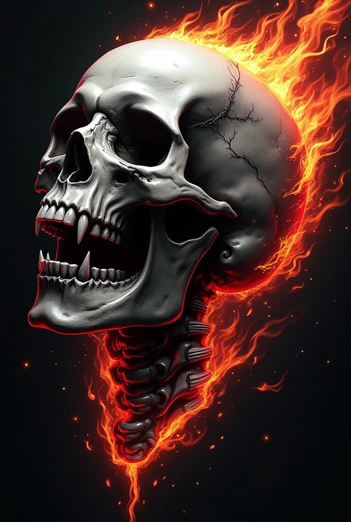 Sideways skeleton head with sharp teeth screaming on fire (tattoo design)