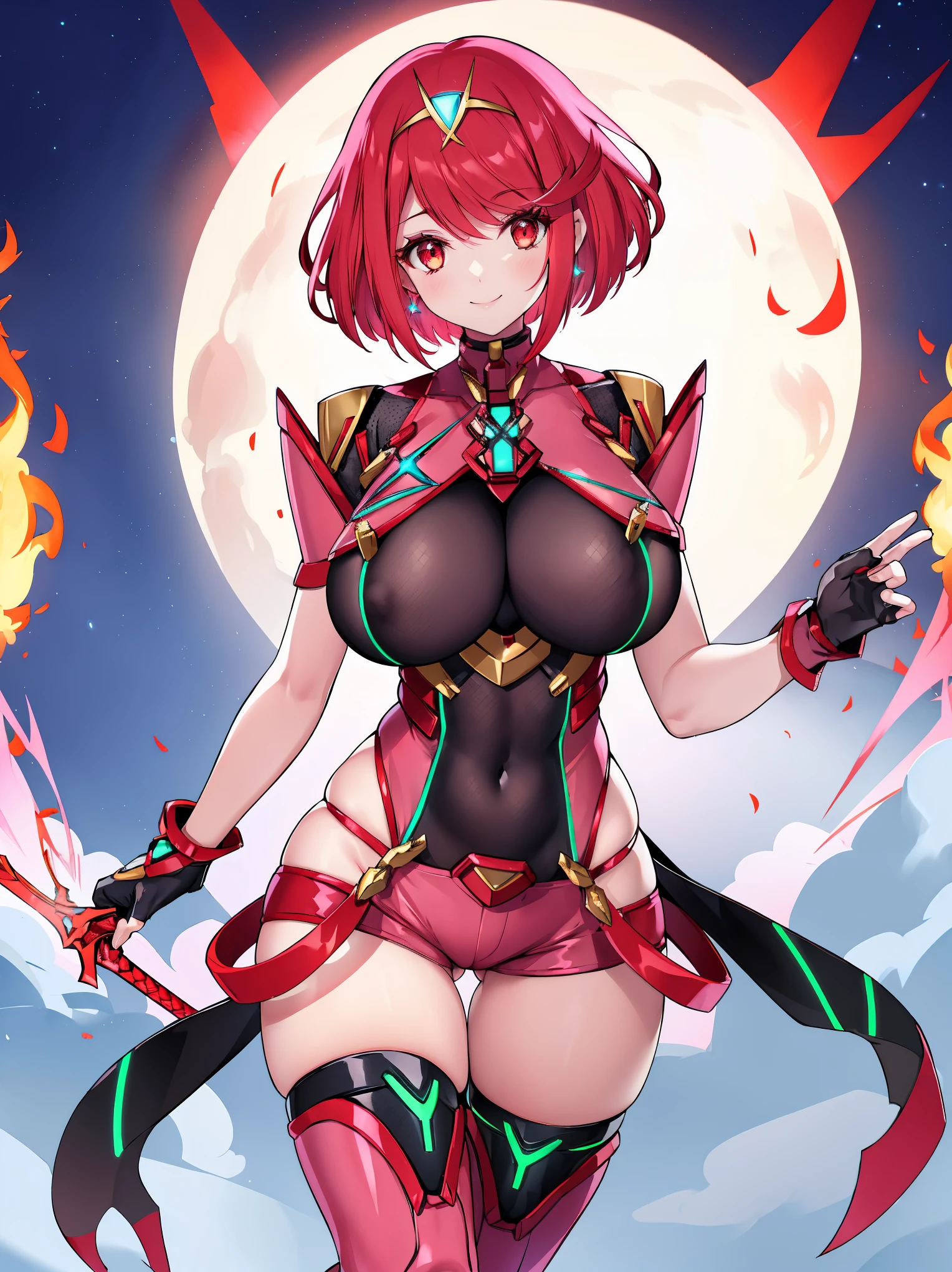 pyra \(xenoblade\), young_teen_1girl, armor, bangs, black gloves, breasts, red eyes, closed mouth, earrings, eyelashes, fingerless gloves, floating hair, framed breasts, gem, gloves, hair ornament, headpiece, jewelry, big_breasts, leaning back, leotard, neon trim, official art, pose, red hair, red shorts, saitou masatsugu, short hair, short shorts, short sleeves, shorts, sidelocks, skin tight, solo, standing, swept bangs, thighhighs, tiara, night_prairie_background, turtleneck, underbust, vambraces, xenoblade chronicles \(series\), (xenoblade chronicles 2), apart_legs, fire_effect,dynamic_pose_fighting,light_smile, (plump:1.1), big_ass,huge_sword, hold_large_sword_hilt, solo, covered_nipples, covered_pussy,