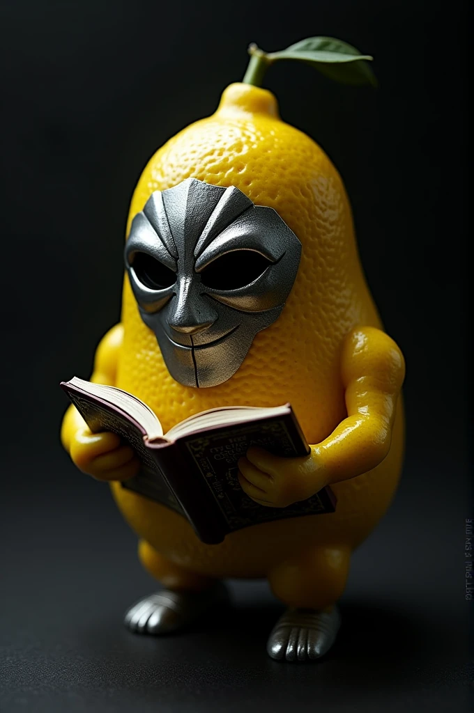 A lemon wearing the mask of American rapper MF DOOM on its face, This same lemon is holding a book and the background of the image is black