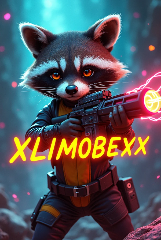 Galactic raccoon with a weapon and below should "XXLIMOBEIXX" are written in neon yellow lettering and pay attention to the name that it is written 1 to 1 like this