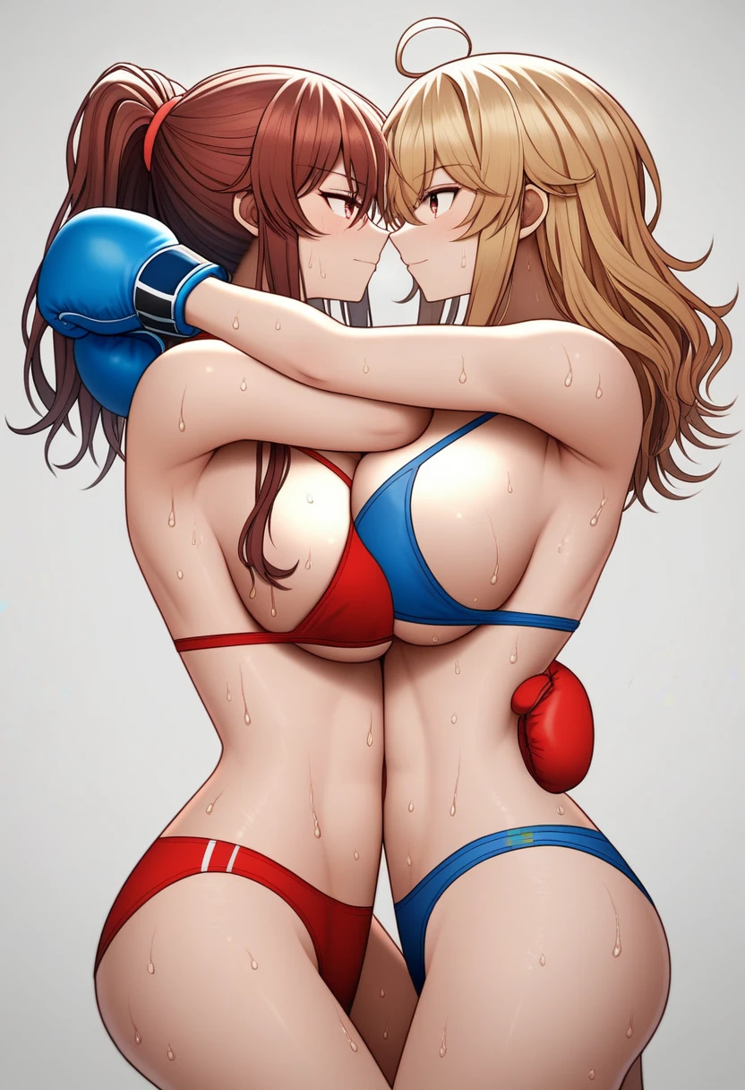 2girls, {Texas (Arknights)} And {{huge breasts}} And {{{red bikini}}} And hug And serious,{{{Amiya(Arknights)}}} And {{{blue bikini}}} And {{huge breasts}} And hug And serious,artist:kazutake_hazano, artist:danimaru,[artist:ask_(askzy)], artist:wanke, artist:wlop, artist:fujiyama, artisit:yuyu_(yuyuworks),artist:hiten_(hitenkei),atrisit:dishwasher1910, {{on the wrestling ring}},symmetrical docking And {look at another},hug,sweat,side view , convenient breast,boxing gloves
