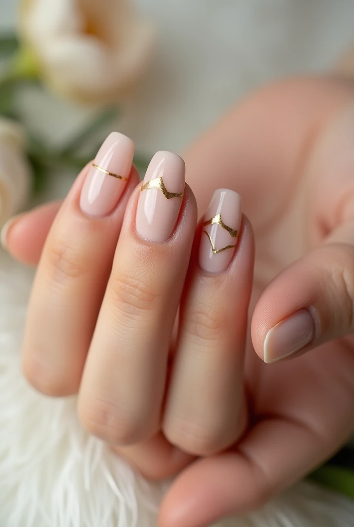 In the center of the image, A pair of elegantly positioned hands stands out, with carefully manicured and decorated nails. The nails sport a minimalist and refined design, with a nude or pale pink base, which conveys a natural and fresh look.

On this basis, A delicate pattern of golden lines can be seen running along the nails in a geometric and modern design.. These bright lines create a subtle and sophisticated visual effect., without being recharged.

Nails are polished and have a shiny finish, which gives them a healthy and well-groomed appearance. The length of the nails is moderate, neither too long nor too short, which gives them a youthful and versatile look.

The background of the image is kept simple and clean, with neutral tones that allow the focus to be completely on the beauty and style of the nails. Perhaps a subtle element can be included, like a flower or a touch of vegetation, to add a touch of freshness and naturalness to the composition.