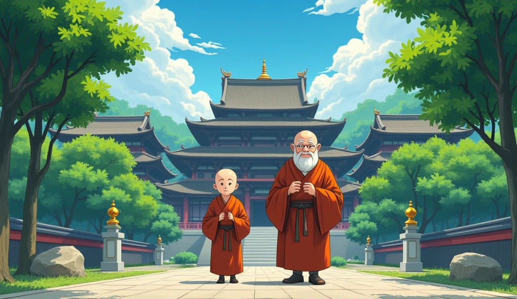 Young monk student walking with old fat master monk, temples, surrounded by beautiful trees, in anime style,