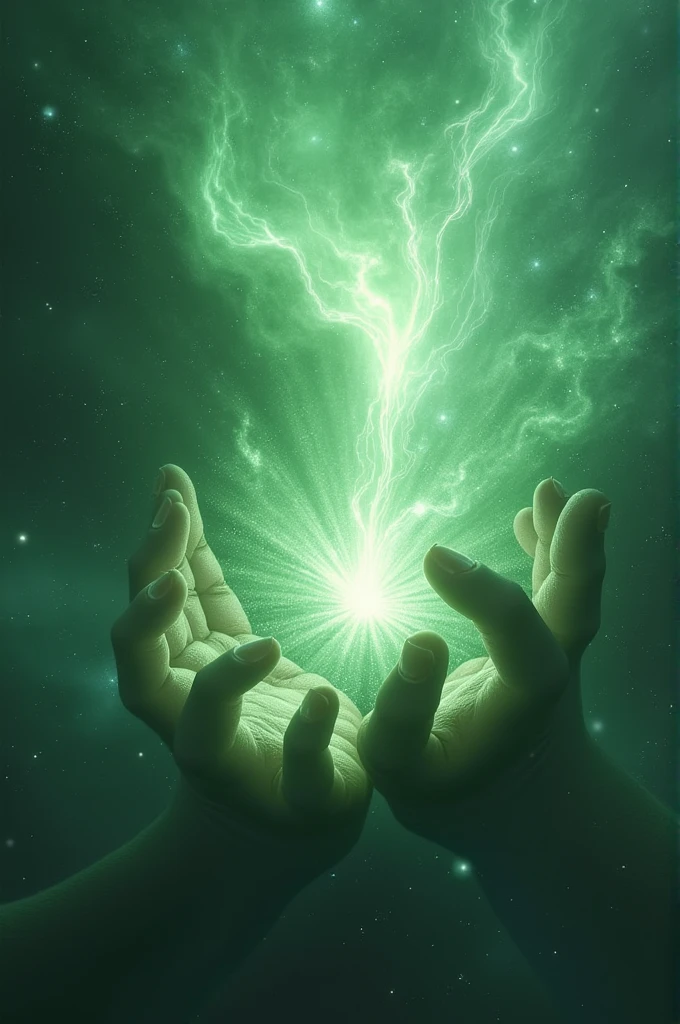 A white galaxy being destroyed by a green galaxy with giant hands of an evil spiritual God