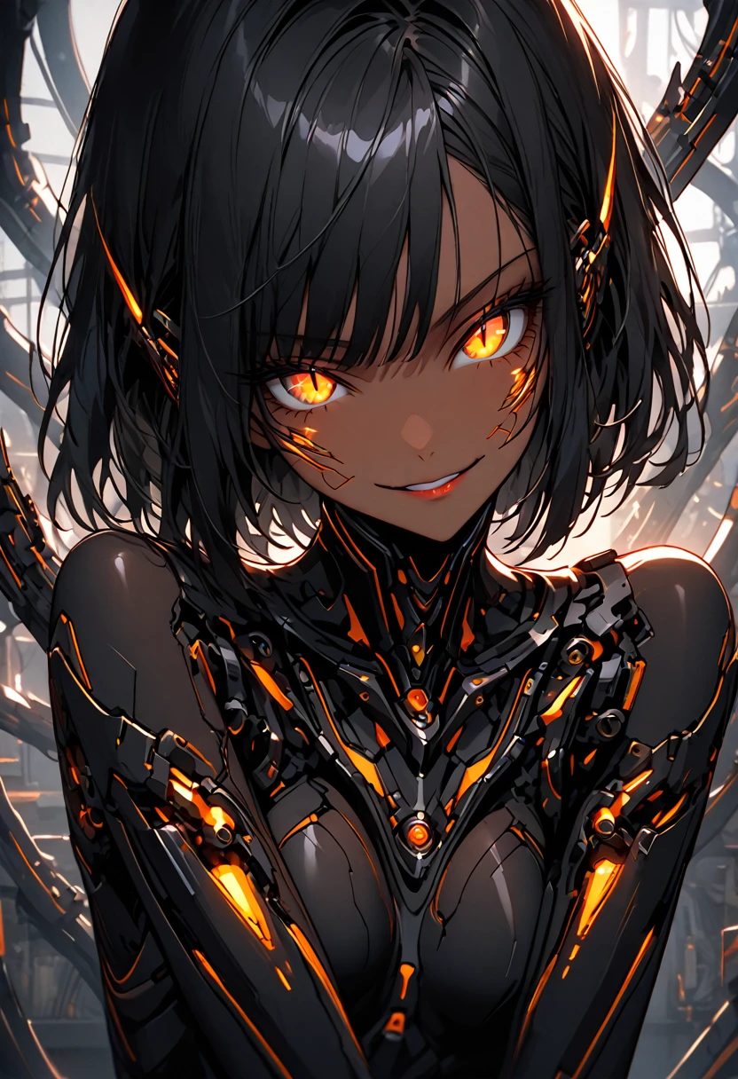 solo, female, close up, Black hair, sleek and straight hair, chin-length bob cut, slightly tousled bangs framing her face, hair infused with metallic threads, shimmering hair, slit pupils, amber-gold iris, augmented eyes, Smooth skin, tan, faint silvery veins visible just beneath the surface of her skin, skin illuminated from within, Lean, athletic, long limbs, additional arachnid mechanical, confident stance, slender mechanical legs, small glowing nodes scattered across her body, cybernetic enhancements, medium shot, pinup pose, workshop, dark, futuristic, smirk