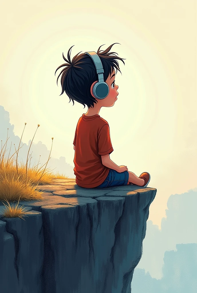 Animated boy sitting on a cliff wearing headphones in a cartoonistic manner 
Not showing his face showing his back 
Should look like it is drawn with crayons 