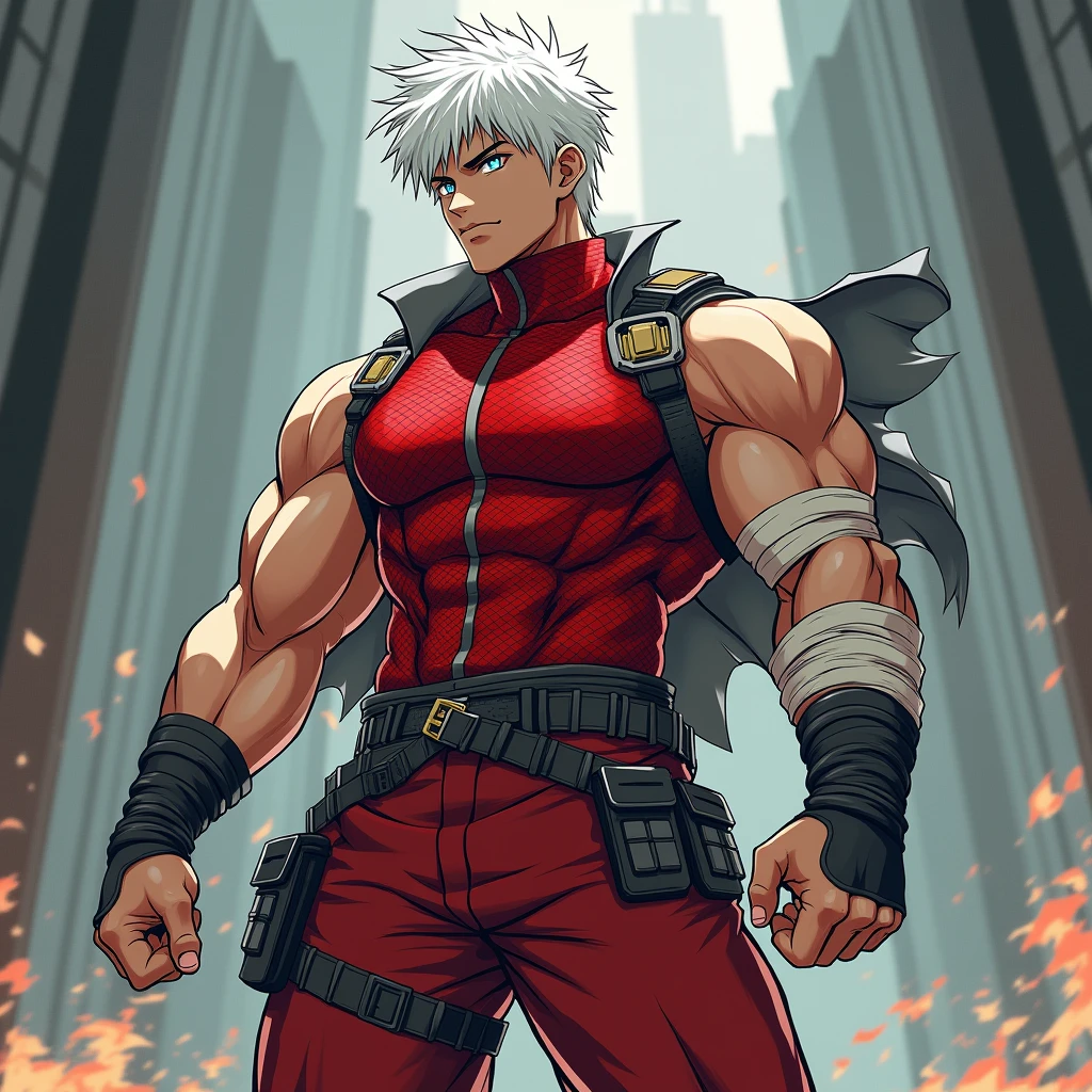 a dynamic illustration of Munashi Kurotani, a young yet physically imposing 15-year-old character standing at 203 cm with a muscular build. He has pure white hair and eyes. Munashi is dressed in a tight-fitting, deep red shirt made from special mesh fabric with a high collar and no sleeves, paired with matching red, slightly loose combat pants. He wears dark-colored ninja sandals. Over his shirt, he dons a rugged combat jacket. His right arm features a bandaged hands, while both legs have hip-pouches with additional bandages wrapped around them. Capture him in a reflective or intense training pose, emphasizing his immense physical strength. The overall mood should convey his formidable presence.
