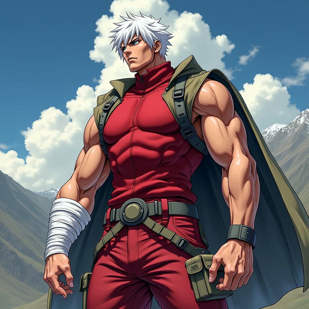 a dynamic illustration of Munashi Kurotani, a young yet physically imposing 15-year-old character standing at 203 cm with a muscular build. He has pure white hair and eyes. Munashi is dressed in a tight-fitting, deep red shirt made from special mesh fabric with a high collar and no sleeves, paired with matching red, slightly loose combat pants. He wears dark-colored ninja sandals. Over his shirt, he dons a rugged combat jacket. His right arm features a bandaged hands, while both legs have hip-pouches with additional bandages wrapped around them. Capture him in a reflective or intense training pose, emphasizing his immense physical strength. The overall mood should convey his formidable presence.