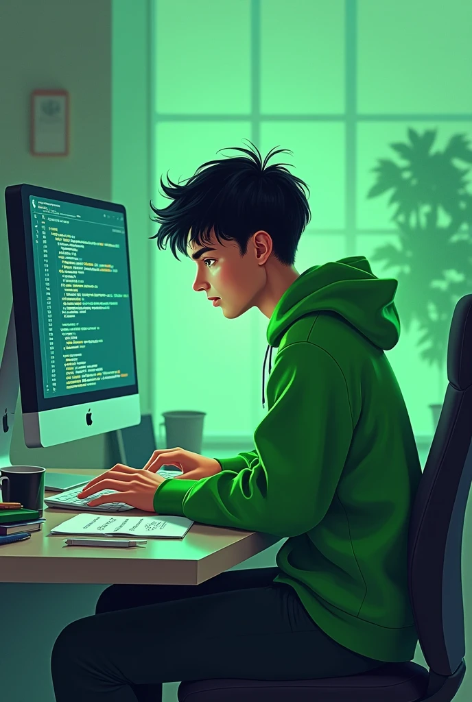 teenage programmer in green clothes.