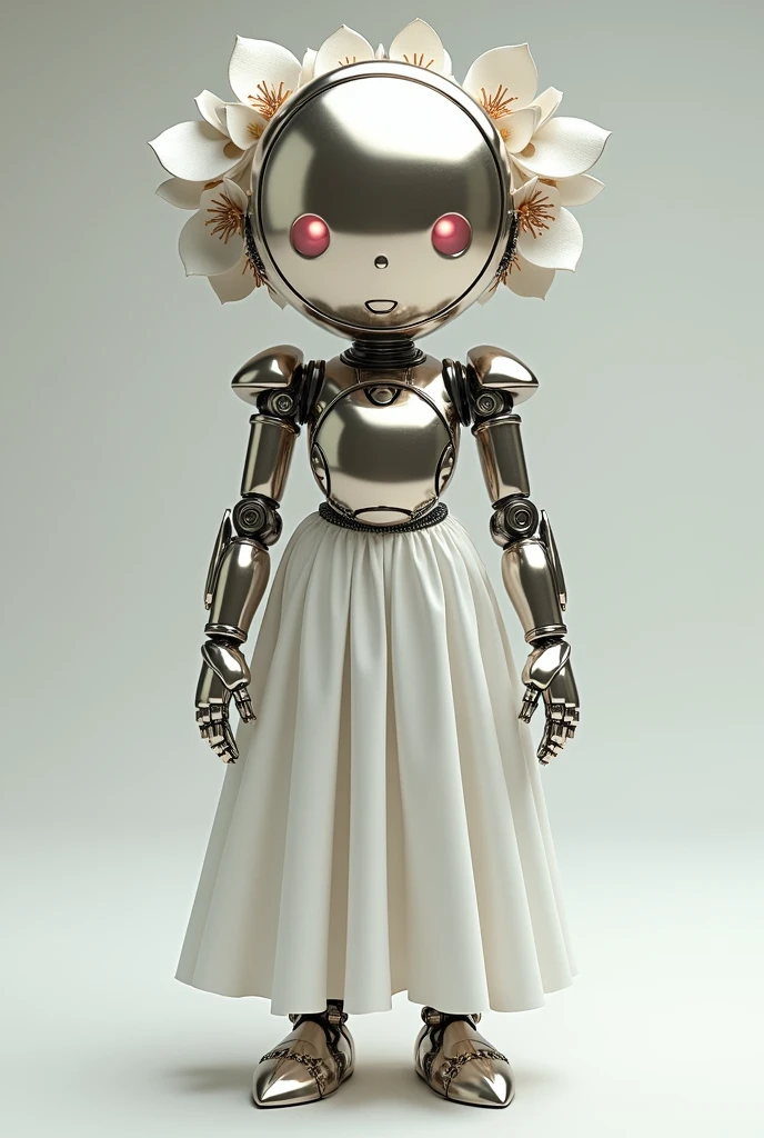 Mechanical object inspired by the Margerite, with a round metallic head shaped like a circle with metallic petals adorned on its metallic Margerite-shaped head, magnificent arms on it, a round metallic body with a white dress that half-conceals its legs, with Margerite petals adorned, light pink eyes, pointed metallic feet with Margerite petal symbols and a mouth.