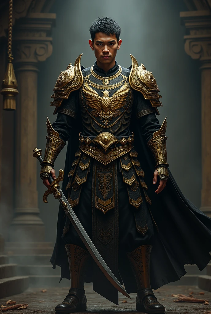 Thai warrior wearing black and gold armor with Garuda pattern, short black hair, holding a gold and black sword in his right hand.