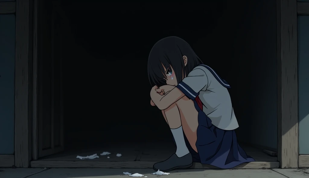 A melancholy Japanese anime schoolgirl sits, tears streaming down her face as she hugs herself, slumped against a black wall. Her traditional schoolgirl uniform is in disarray, hinting at a recent emotional upheaval. The stark contrast between her delicate features and the squalid surroundings adds depth to the poignant narrative woven into this evocative masterpiece.  
