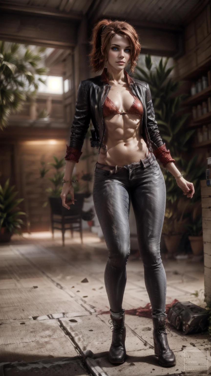 ((Courtney Hope)), red hair, asymmetrical hair, short ponytail, wavy hair, sidelocks, low ponytail, Slim but lightly toned build, medium bust, (strong glutes), crooked GRIN, BREAK: Fitted Black motorcycle/bomber jacket 1/4 cropped, (tight, red micro bikini top under jacket), Skin tight black jeans, matte black leather motorcycle boots, BREAK: 1girl, solo, wide shot, she floats above the ground, posing with arms down palms towards ground as she floats, BREAK: UHD, 16k, best quality, anatomically correct, accurate face, masterpiece, (full body portrait), BREAK: set in a dishevelled brutalist office interior with white brutalist architecture and white walls