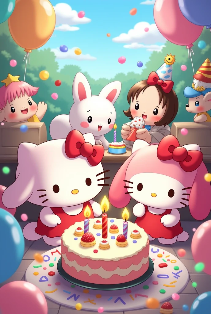 Hello kitty, badte maru, Kuromi, purine, Keroppi, My melody, celebrating a birthday,