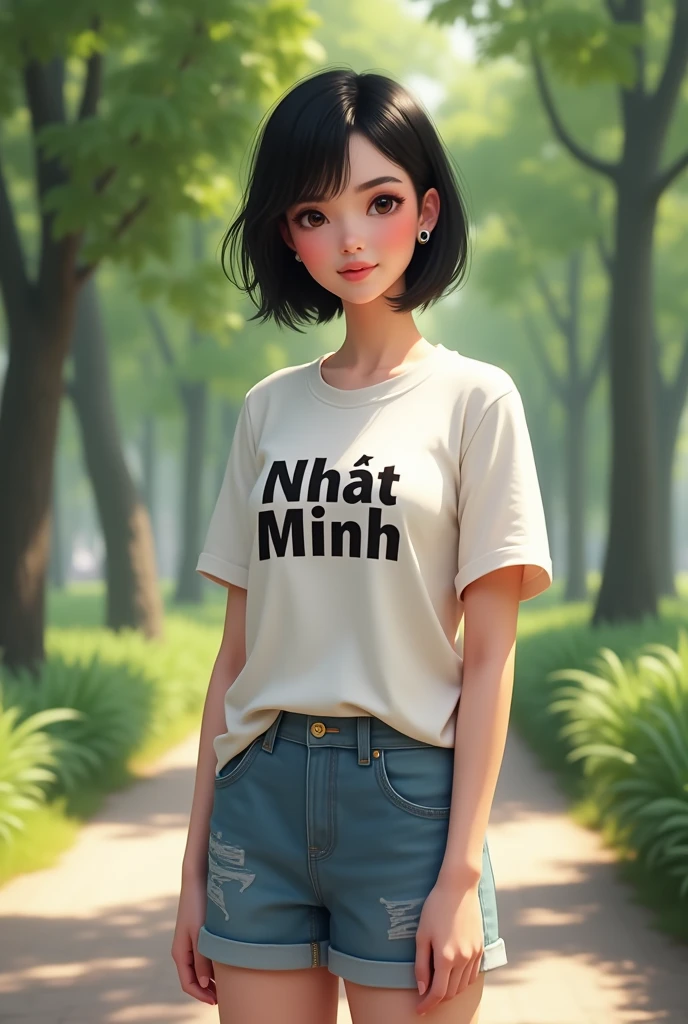 (photorealism:1.2), realistic women, Vietnamese, wearing T shirt with the word "Nhật Minh" on it, black Short Hair, wearing shorts, standing at park, Extreme Realistic model