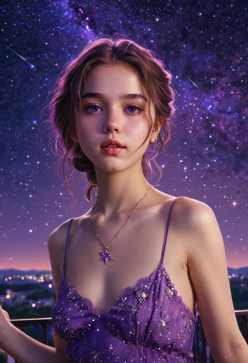 masterpiece, best quality, ultra-detailed, illustration, , , 1girl,solo, image body, flower, looking at viewer, , , purple eyes, jewel-like eyes, extremely detailed eyes, extremely detailed face,, , star (sky), constellation,  purple energy,  railing, meteor