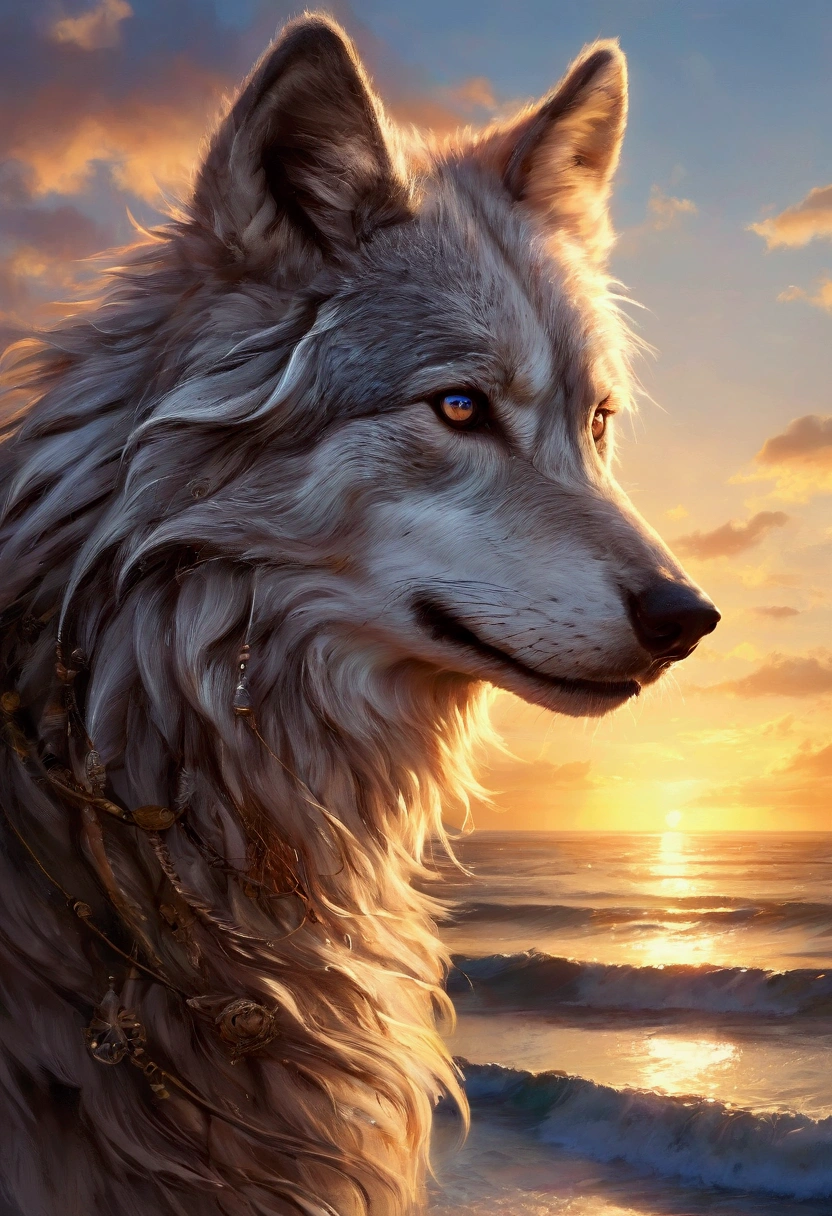 (Nwinkpunk:1.2) (The perfect style:0.8) wolf, anthropology, light waves, sunset, complicated, Highly detailed