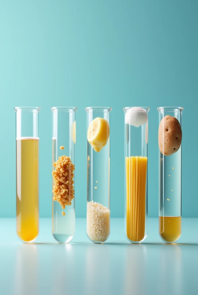 generates 6 test tubes and that each one is added a drop of Lugol ,and each test tube has a different food , in the first test tube a piece of banana is added to the second a piece of potato or potato to the third a few grams of sugar to the fourth a small piece of bread to the fifth a few grams of rice to the sixth a small piece of noodle , each tube with its respective chemical reaction , more noticeable with those that have starch all straight without errors