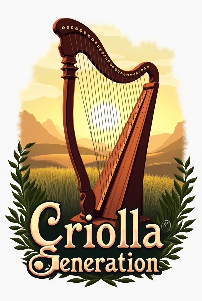generate a logo with a llanera harp in the background and a landscape behind a Venezuelan plain and letters that say "Criolla Generation"