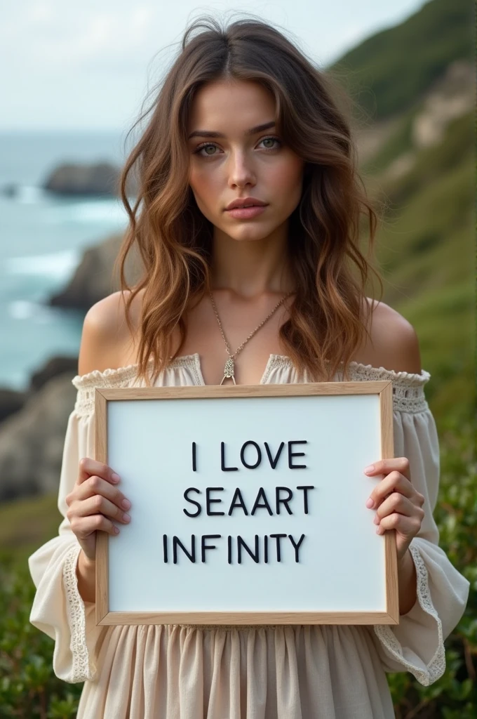 Beautiful girl with wavy long hair, bohemian dress, holding a white board with text "I Love Seaart Infinity" and showing it to the viewer